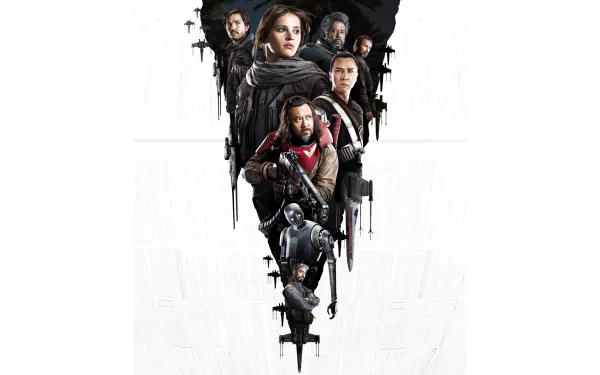 HD desktop wallpaper from Rogue One: A Star Wars Story, featuring a vertical arrangement of main characters against a white background.