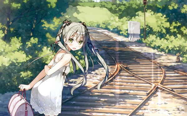 Anime character from '5 Nenme no Houkago' stands by a railway track in a lush, green forest. The image serves as an HD desktop wallpaper and background.