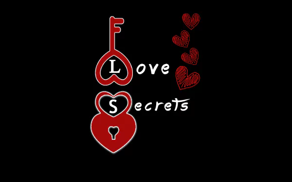 HD desktop wallpaper featuring an artistic red key and lock with the words Love Secrets and heart symbols against a black background. Tags: red, key, lock, artistic, love.