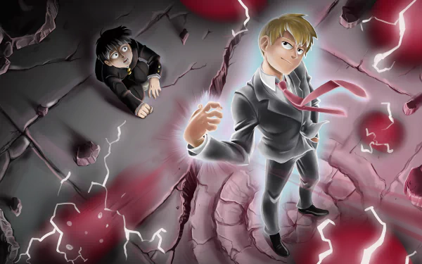4K Ultra HD wallpaper featuring Arataka Reigen and Shigeo Kageyama from the anime Mob Psycho 100, showcasing dynamic lightning and cracked ground effects.