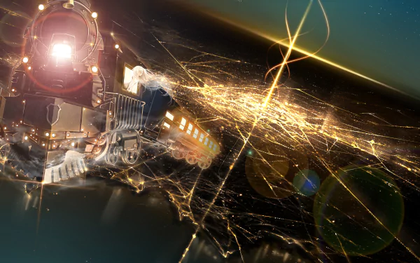 HD desktop anime wallpaper featuring a futuristic train speeding through a vibrant, glowing cityscape, evoking a sense of adventure and motion.