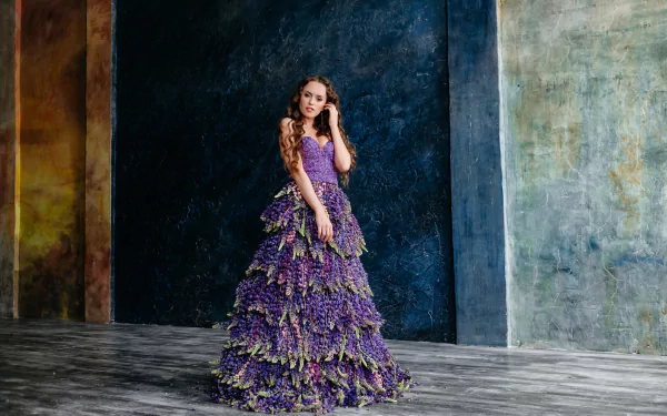 brunette purple dress flower woman model HD Desktop Wallpaper | Background Image