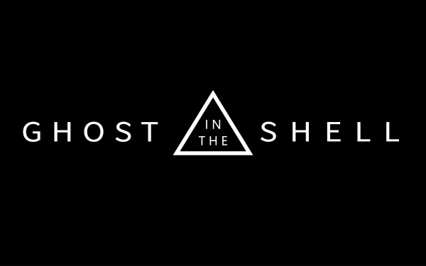 Minimalist Ghost in the Shell logo with white text and triangle design on a black background, styled as a 4K Ultra HD anime PC desktop wallpaper.