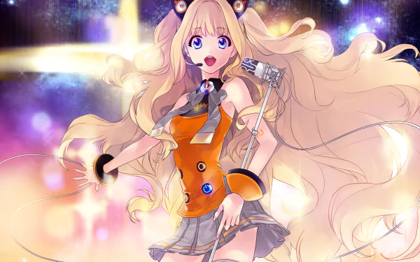 HD anime desktop wallpaper featuring SeeU, a Vocaloid character, with long flowing blonde hair, vibrant orange outfit, and a dynamic glowing background.