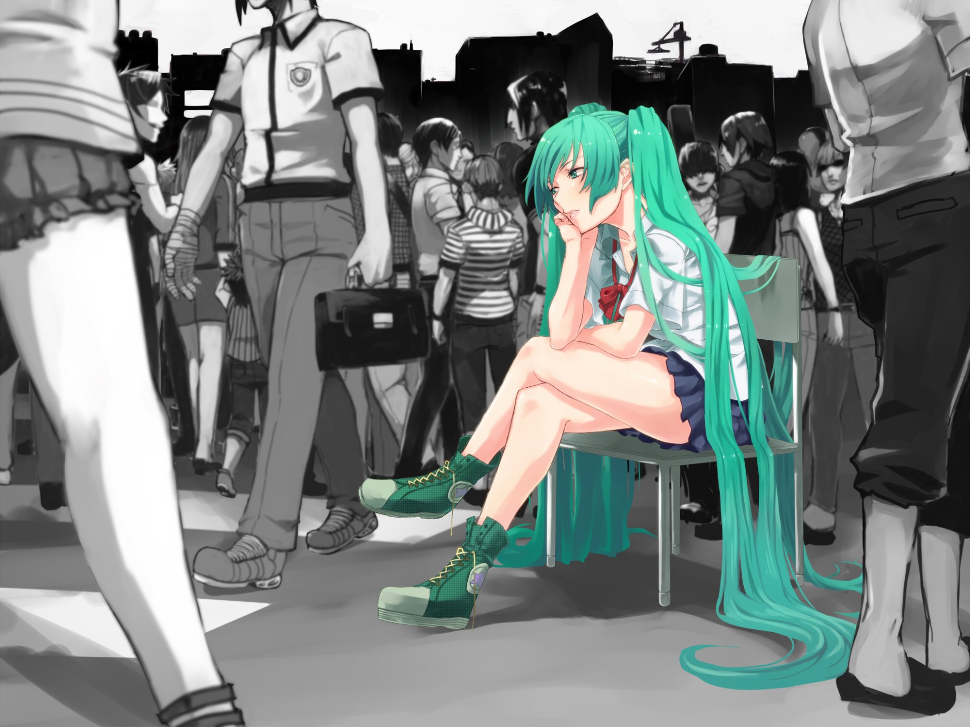 HD anime desktop wallpaper featuring Hatsune Miku, the iconic Vocaloid, sitting thoughtfully in a monochrome crowd, highlighted by her vibrant teal hair and outfit.