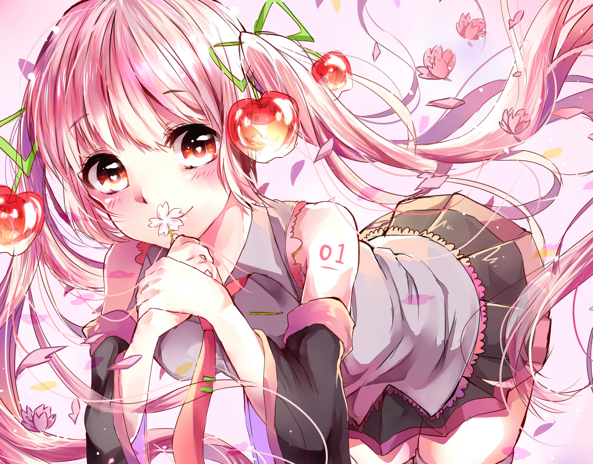 Sakura Miku anime Vocaloid in a pink cherry-blossom theme, reclining with cherries and a flower, soft bokeh — 4K Ultra HD PC desktop wallpaper/background.