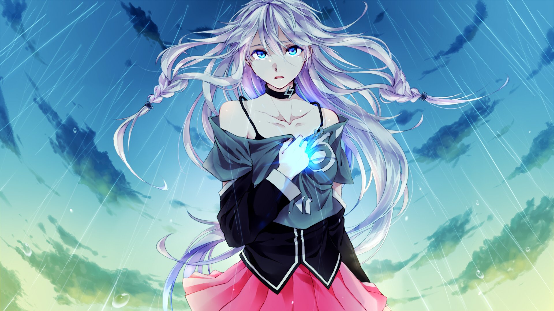 HD PC desktop wallpaper featuring IA from Vocaloid in an anime style, standing in the rain with glowing blue energy in her hand.