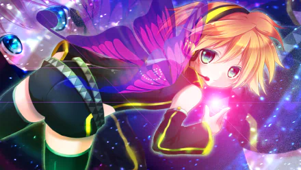 HD PC desktop wallpaper featuring Len Kagamine from Vocaloid in vibrant anime style with glowing effects and a dynamic pose.