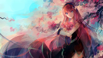 HD PC desktop wallpaper featuring Luka Megurine from Vocaloid in vibrant anime style with flowing pink hair and a dreamy, colorful background.