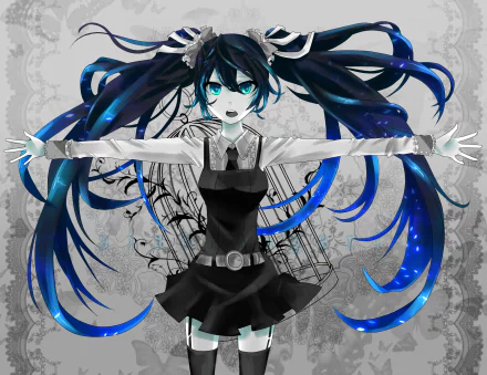 HD anime wallpaper of Hatsune Miku with outstretched arms, long flowing black-and-blue twin tails, teal eyes, a black outfit, and an ornate gray patterned background.