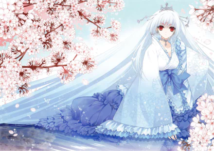HD anime original artwork of a white-haired girl in a flowing blue kimono standing amidst cherry blossoms, designed as a PC desktop wallpaper.