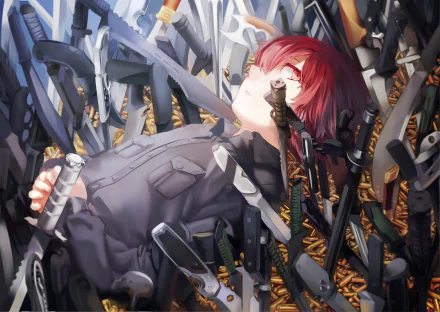 HD anime original artwork of a red-haired character lying among numerous detailed swords, designed as a stunning PC desktop wallpaper and background.