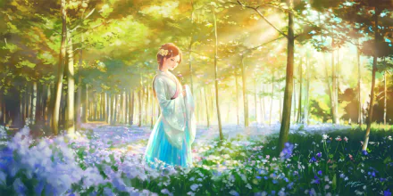 Anime-style HD desktop wallpaper featuring an original artwork of a girl in a traditional dress standing in a sunlit forest filled with blooming flowers.