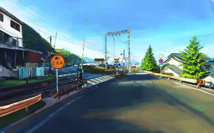 Anime-style HD PC desktop wallpaper showing a sunlit suburban road leading to a railroad crossing, houses and pine trees under a bright blue sky with vivid, painterly colors.