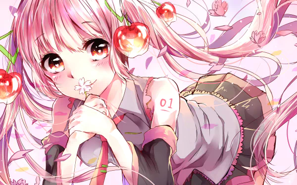 Sakura Miku anime Vocaloid in a pink cherry-blossom theme, reclining with cherries and a flower, soft bokeh — 4K Ultra HD PC desktop wallpaper/background.