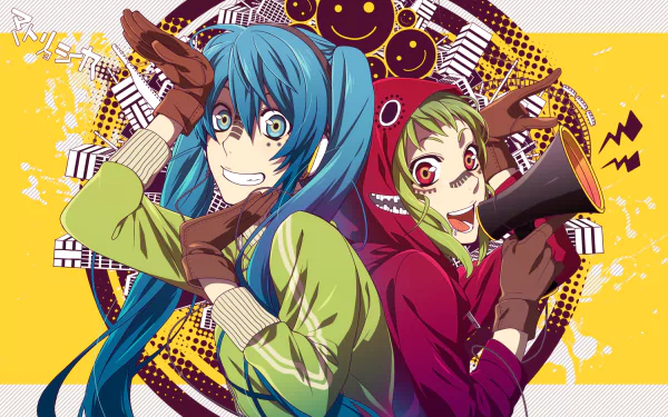 HD PC wallpaper featuring anime-style Vocaloid characters Hatsune Miku and GUMI in energetic poses, surrounded by vibrant patterns and a Matryoshka-themed background.