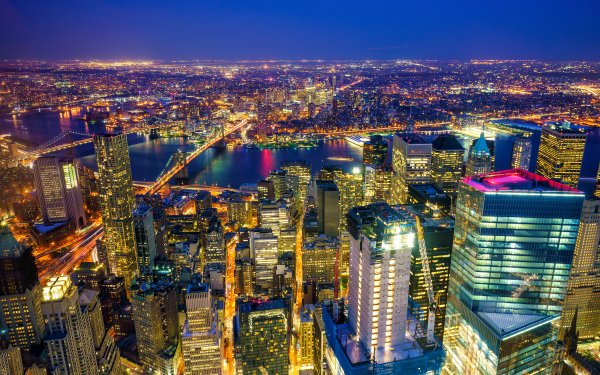 Man Made New York Cities United States Night Light Building Bridge Aerial USA Cityscape Skyscraper Horizon HD Wallpaper | Background Image