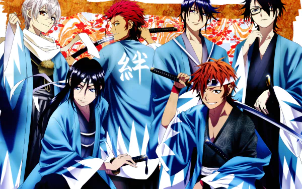 An 8K Ultra HD anime wallpaper featuring Kuroh Yatogami, Misaki Yata, Mikoto Suoh, Reisi Munakata, Yashiro Isana, and Saruhiko Fushimi from K Project in traditional blue robes.