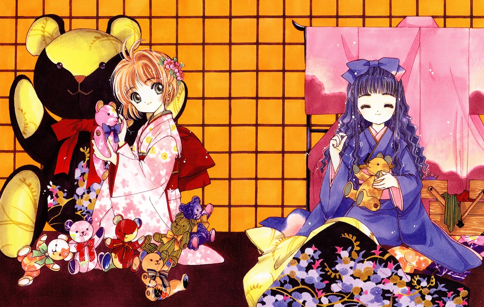 Tomoyo Daidouji and Sakura Kinomoto from Cardcaptor Sakura in colorful kimonos surrounded by plush toys and a giant bear, vibrant 4K Ultra HD PC desktop wallpaper.