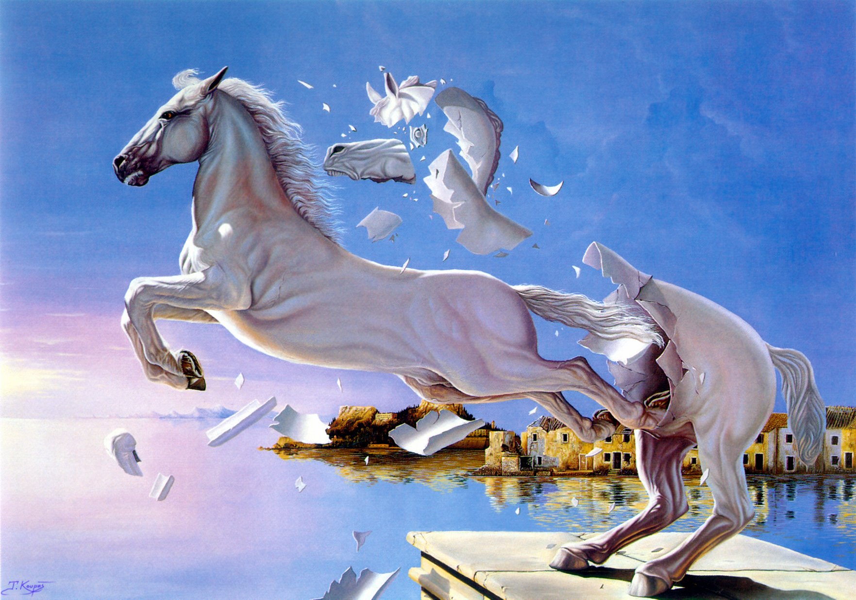 A fantasy HD wallpaper featuring a majestic white horse breaking through a surreal barrier, with pieces flying around, set against a serene lakeside backdrop.