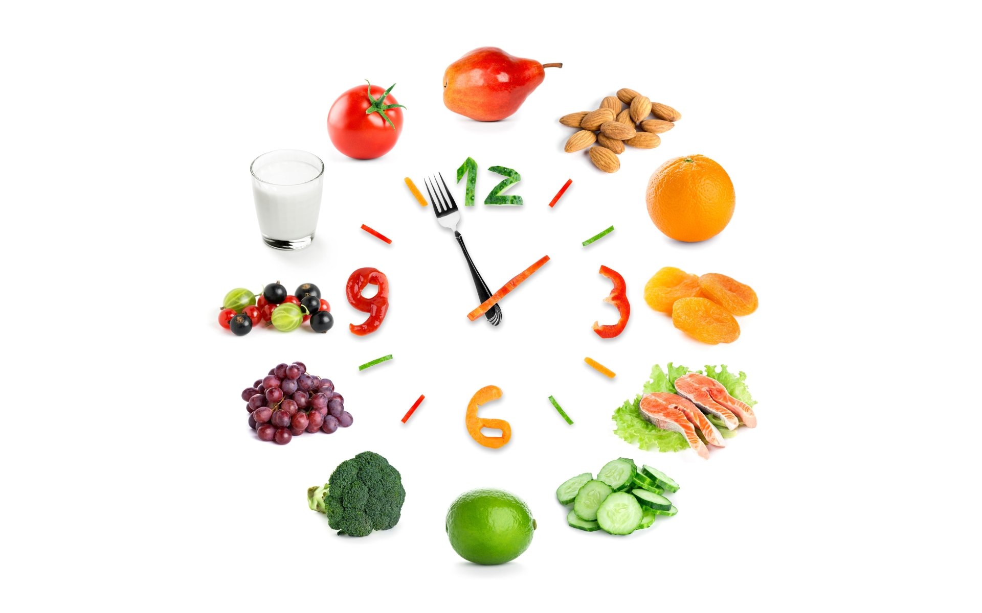 4K Ultra HD PC desktop wallpaper featuring a clock made of various fruits, vegetables, nuts, and a glass of milk representing food and healthy eating.