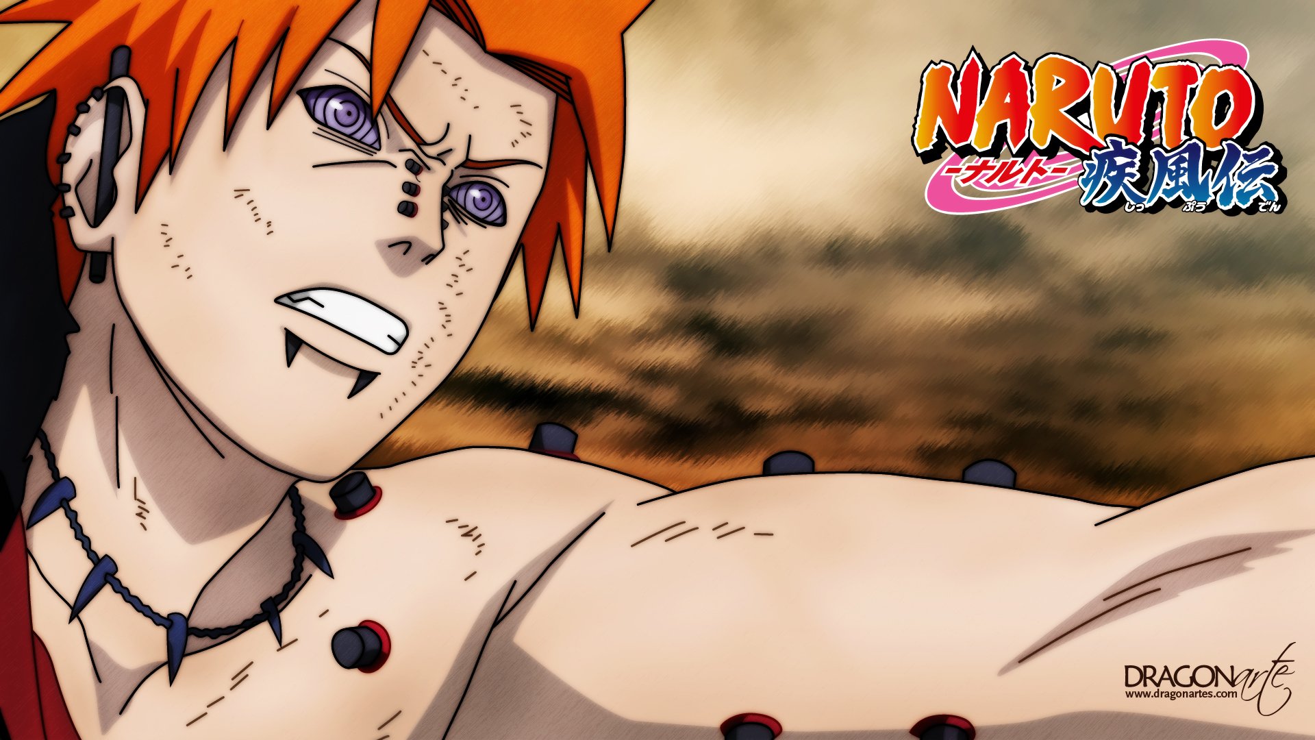 HD desktop wallpaper featuring Pain from the anime Naruto, showcasing an intense close-up of his face and arm, with the Naruto logo prominently displayed on the right.