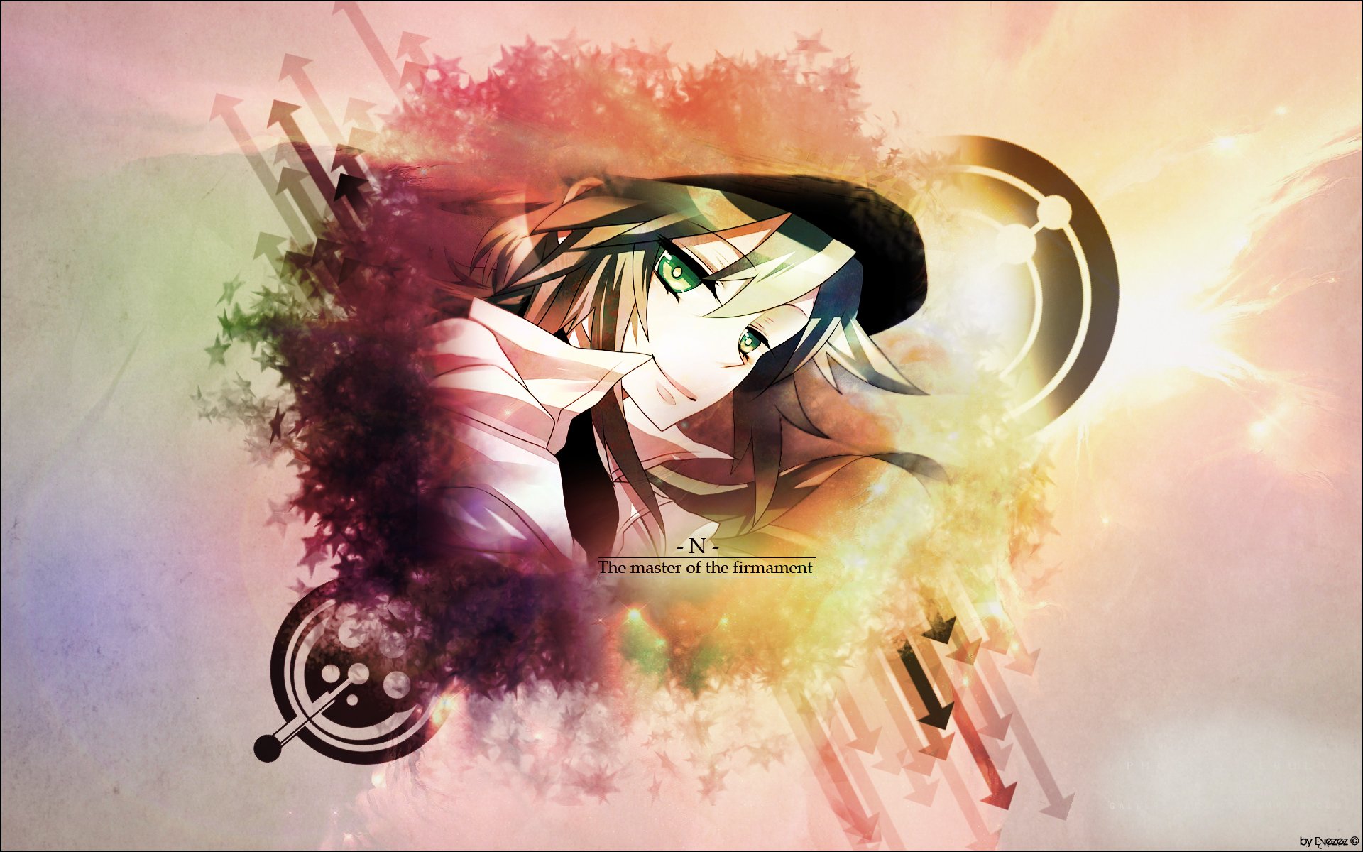 HD PC desktop wallpaper featuring N from the video game Pokémon Black and White, surrounded by abstract colorful effects and iconic symbols from the series.