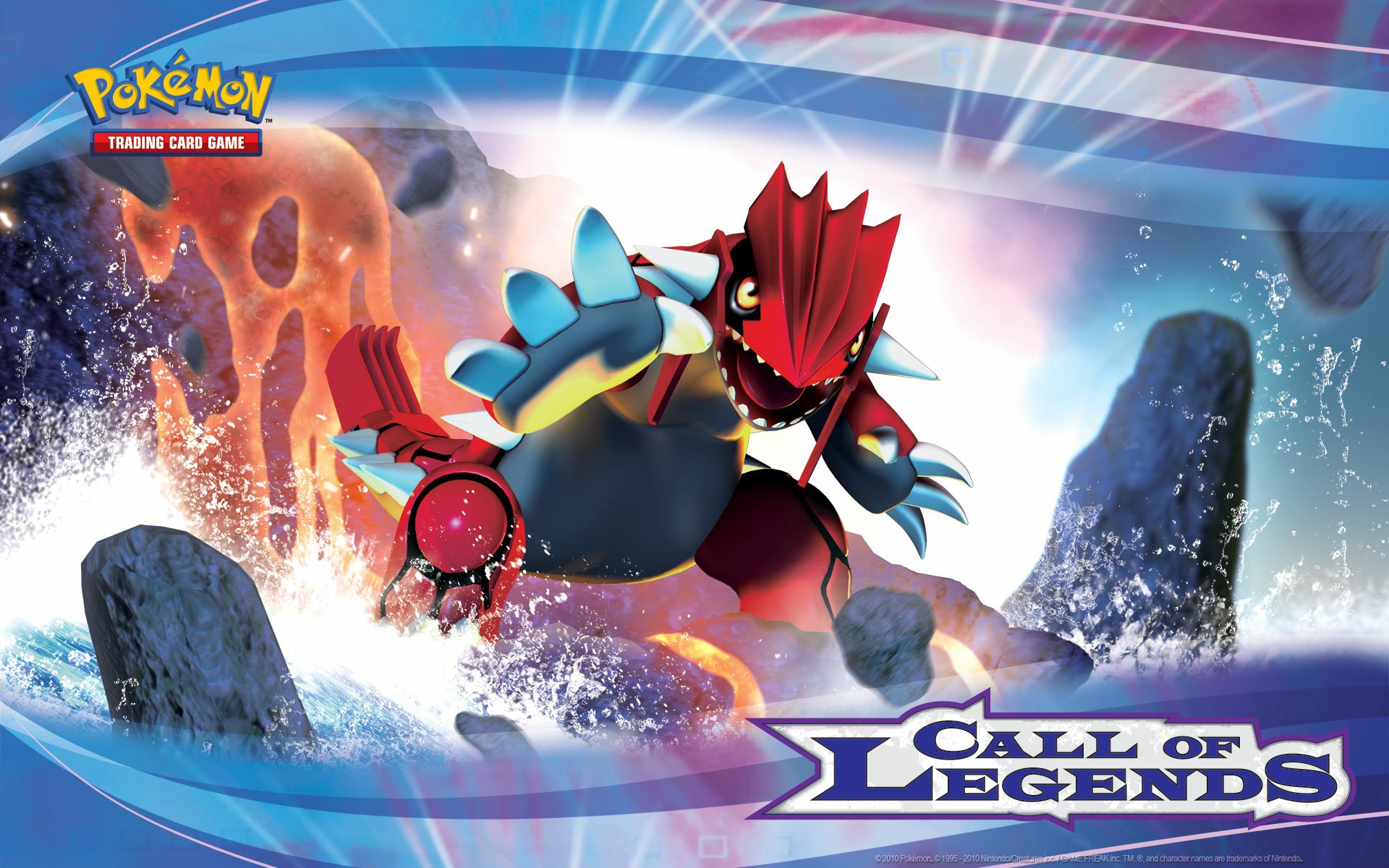 HD PC desktop wallpaper featuring Groudon from the Pokémon video game, showcasing dynamic action with volcanic and aquatic elements in the Call of Legends theme.