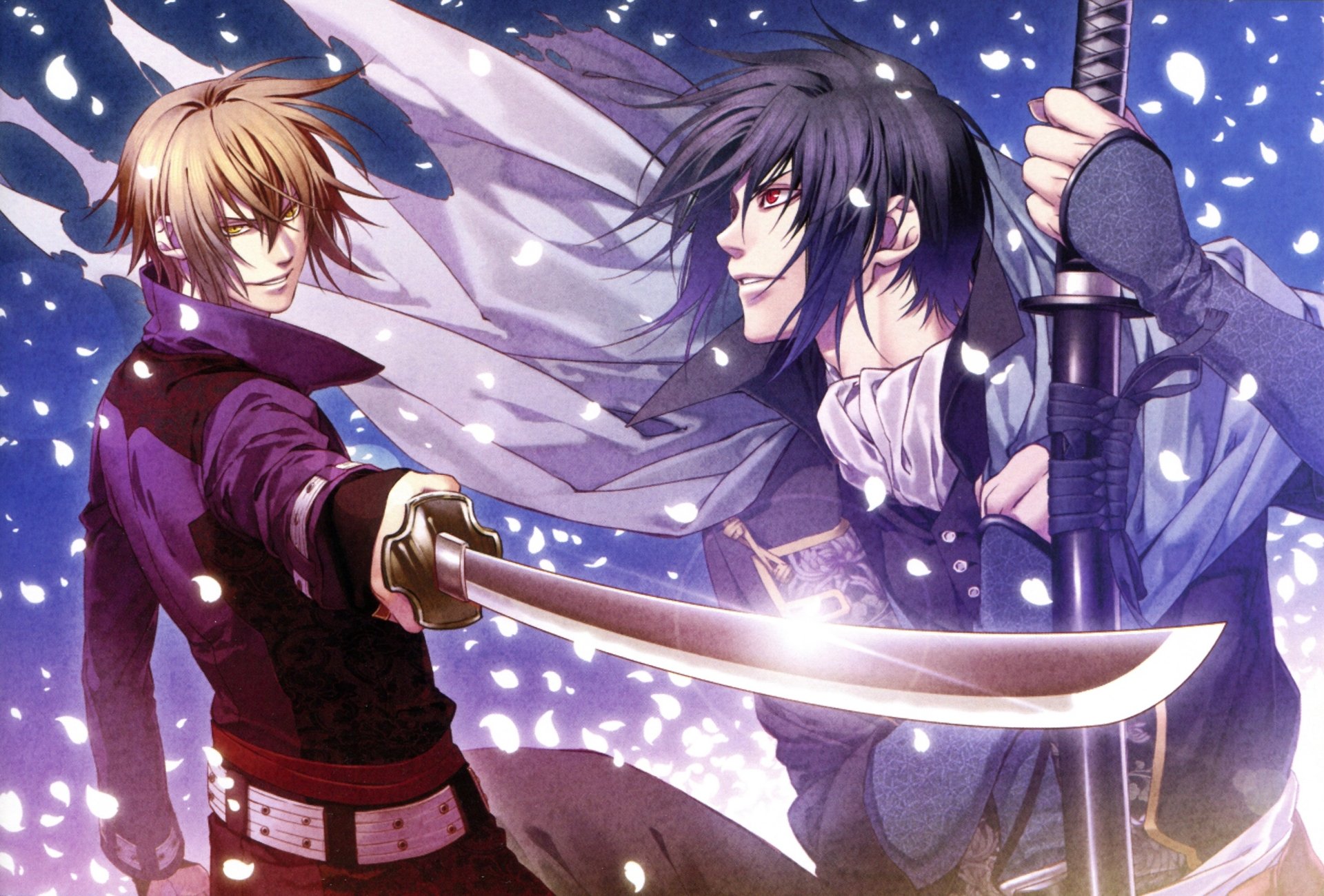 2K Quad HD PC desktop wallpaper from otome game Hakuouki: Shinsengumi Kitan, featuring Chikage Kazama and a rival dueling with swords amid falling petals.