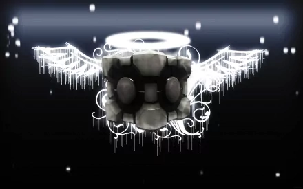 A striking HD desktop wallpaper featuring Chell from Portal, a floating cube surrounded by ethereal wings and intricate designs, capturing the essence of the video game atmosphere.