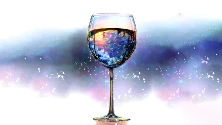 HD anime-inspired desktop wallpaper featuring a glass with a sky reflection, set against a dreamy, galaxy-like background.