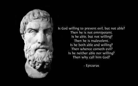 HD desktop wallpaper featuring a marble bust of a bearded man on black background with a quote from Epicurus questioning God's role in preventing evil, integrating themes of religious and anti-religious philosophy.