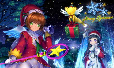 HD anime Christmas wallpaper featuring Tomoyo Daidouji, Sakura Kinomoto, and Keroberos from Cardcaptor Sakura in festive holiday attire with snowy background.