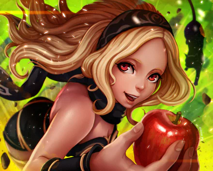 HD PC desktop wallpaper featuring Kat from the video game Gravity Rush, holding a red apple against a vibrant green background.