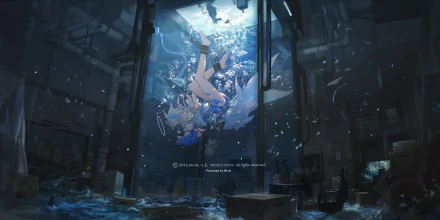 HD anime desktop wallpaper depicting a serene underwater scene with a character suspended in water inside a futuristic, dark structure.
