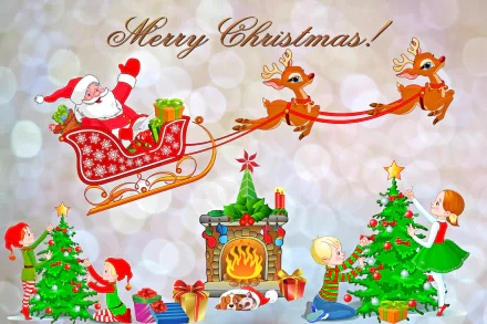 HD Christmas desktop wallpaper featuring Santa Claus in a sleigh pulled by reindeer, festive trees, children decorating, and a cozy fireplace with bokeh holiday background.