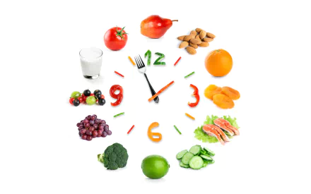 4K Ultra HD PC desktop wallpaper featuring a clock made of various fruits, vegetables, nuts, and a glass of milk representing food and healthy eating.