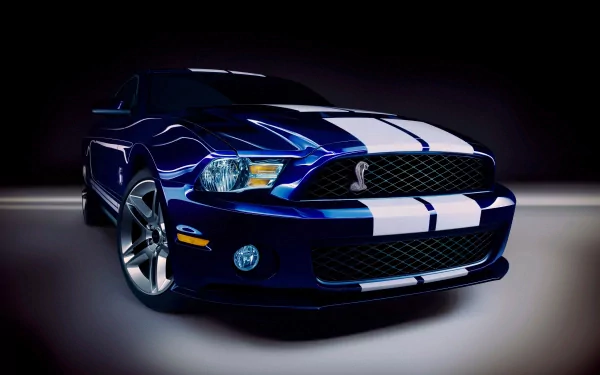 HD desktop wallpaper featuring a sleek Ford Mustang with bold racing stripes, set against a dark background.