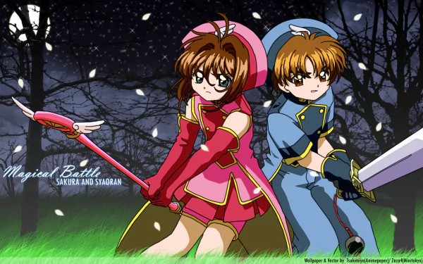 HD PC desktop wallpaper featuring Sakura Kinomoto and Syaoran Li from the anime Cardcaptor Sakura, set against a moonlit night with a magical bird in flight.