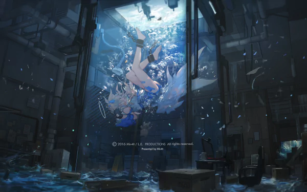 HD anime desktop wallpaper depicting a serene underwater scene with a character suspended in water inside a futuristic, dark structure.