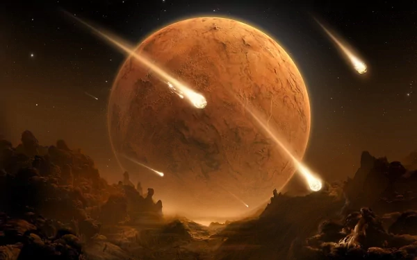 A stunning HD desktop wallpaper depicting an apocalyptic sci-fi scene with meteors falling towards a massive planet rising behind rugged terrain, all set in the vastness of space.