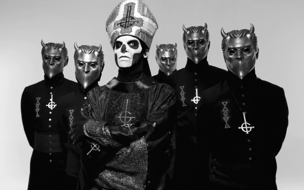 Black and white HD wallpaper of the heavy metal band Ghost B.C., featuring the lead member in distinctive attire and face paint, surrounded by other masked members.