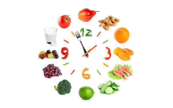 4K Ultra HD PC desktop wallpaper featuring a clock made of various fruits, vegetables, nuts, and a glass of milk representing food and healthy eating.
