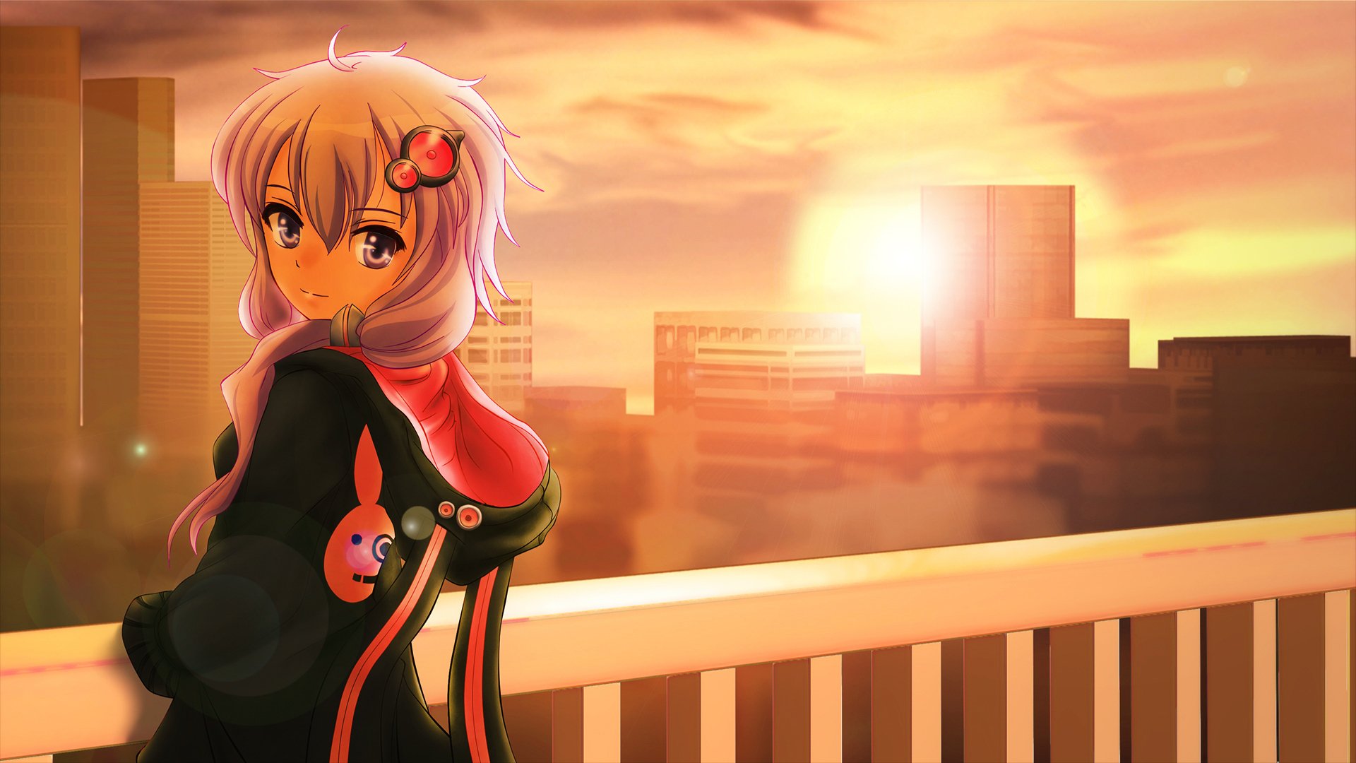 Yuzuki Yukari (Vocaloid) anime wallpaper: she stands on a balcony at sunset, warm orange city skyline, scarf and mascot pin, HD PC desktop background.
