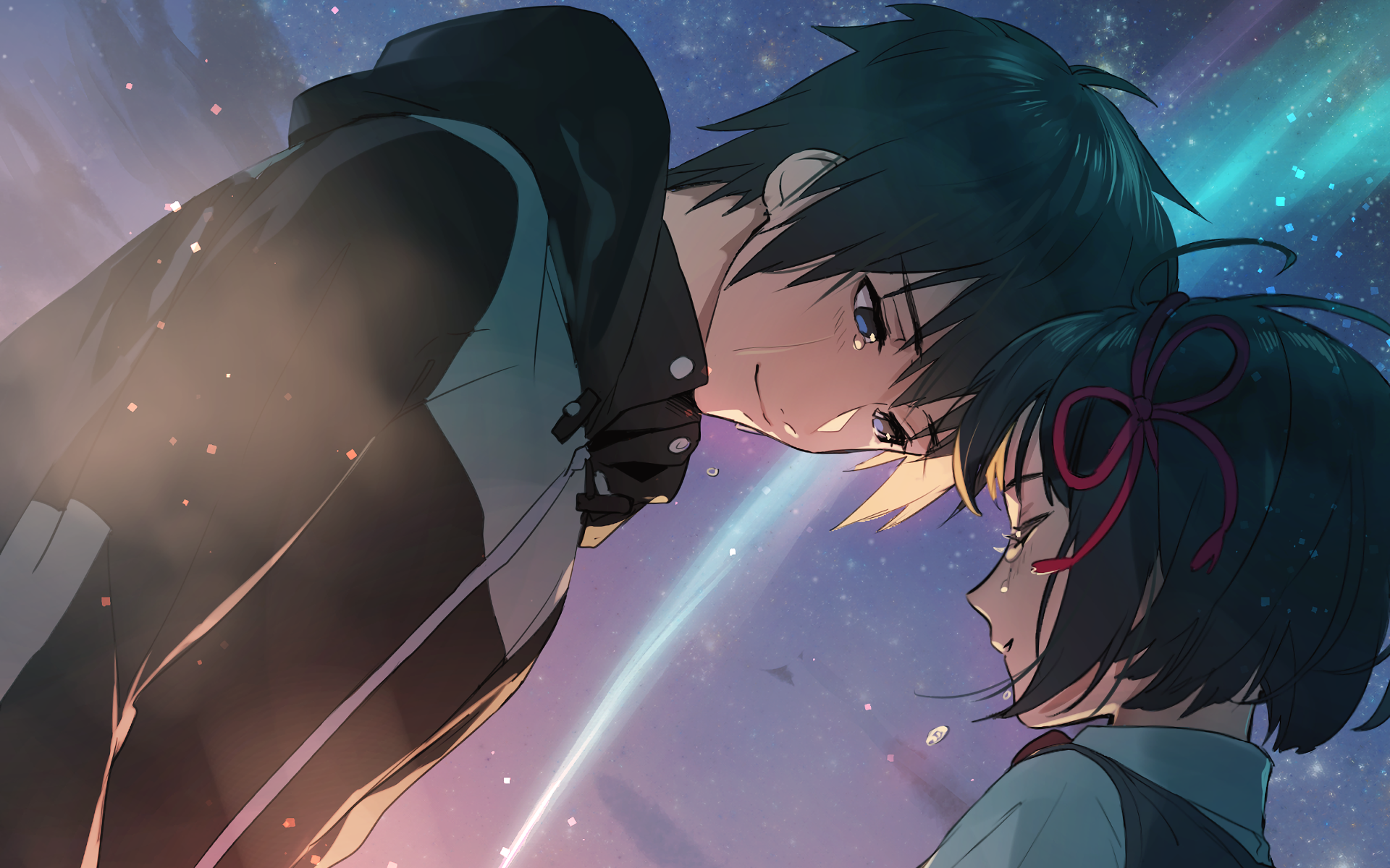 HD anime desktop wallpaper featuring Taki Tachibana and Mitsuha Miyamizu from Your Name., capturing a tender moment against a glowing, starry background.