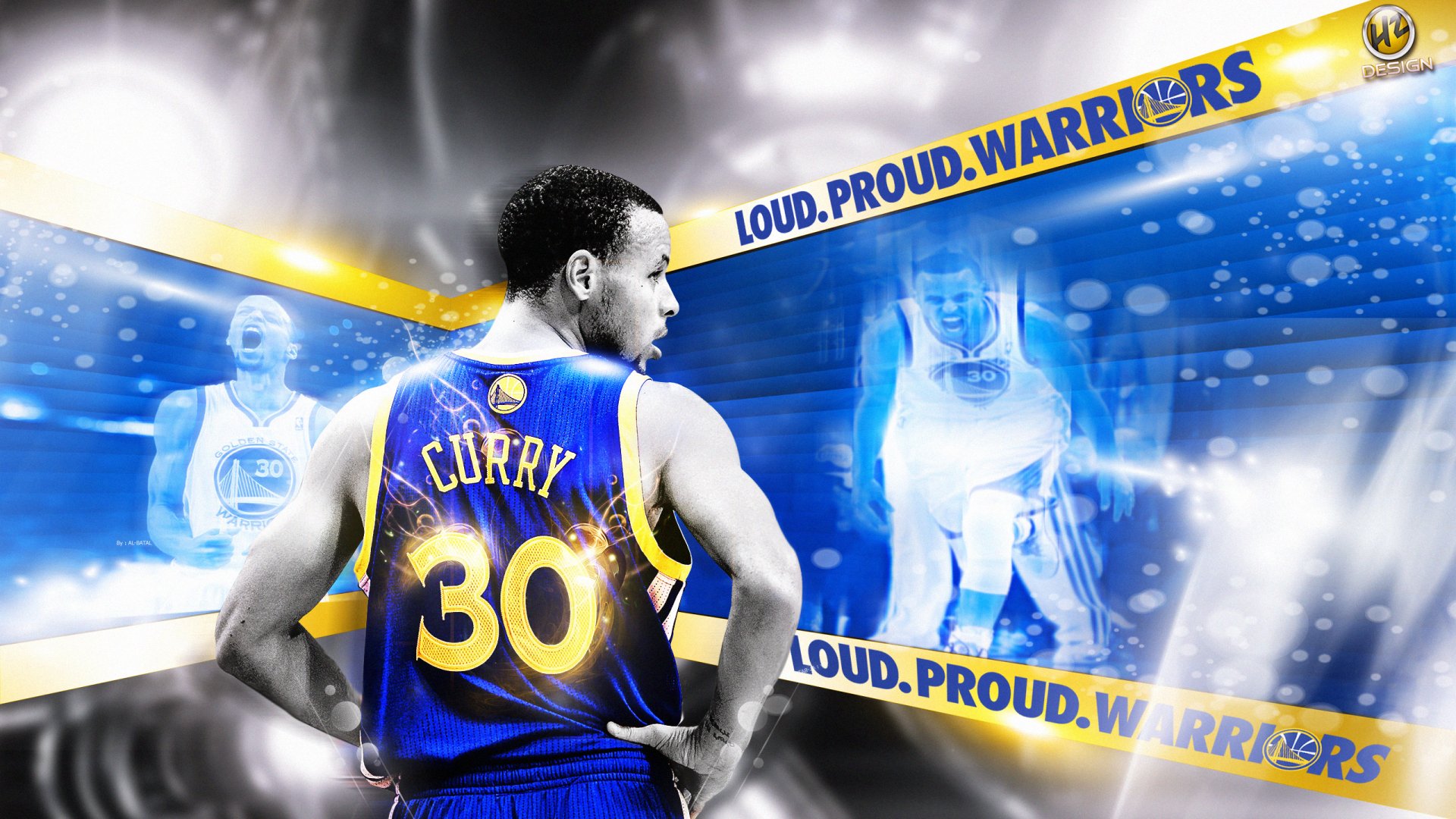 HD desktop wallpaper featuring Stephen Curry in a Warriors jersey with dynamic blue and yellow graphics.