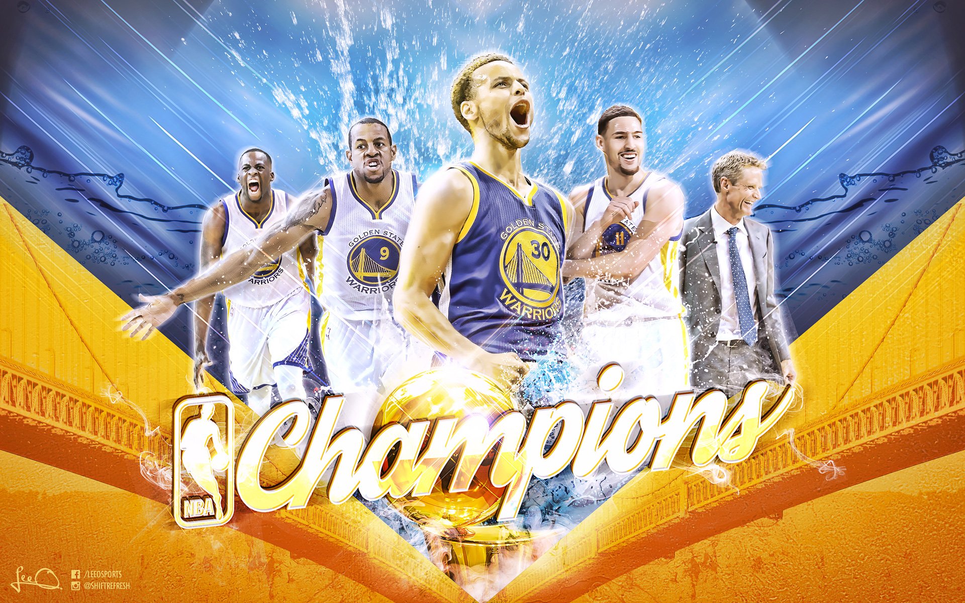 HD desktop wallpaper featuring Golden State Warriors players with dynamic graphics and the word Champions.