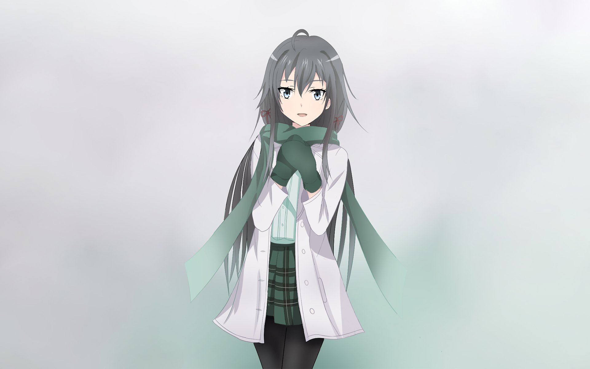 HD PC desktop wallpaper featuring Yukino Yukinoshita from the anime My Teen Romantic Comedy SNAFU, set against a soft, foggy background.