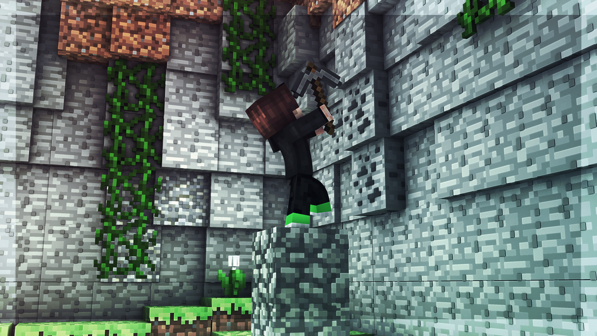 HD Minecraft video game wallpaper showing a character mining stone blocks on a detailed, textured PC desktop background.