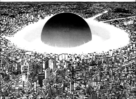 A striking HD wallpaper depicting a cityscape with a massive black void at its center, inspired by the anime Akira, showcasing a blend of urban detail and dystopian themes.